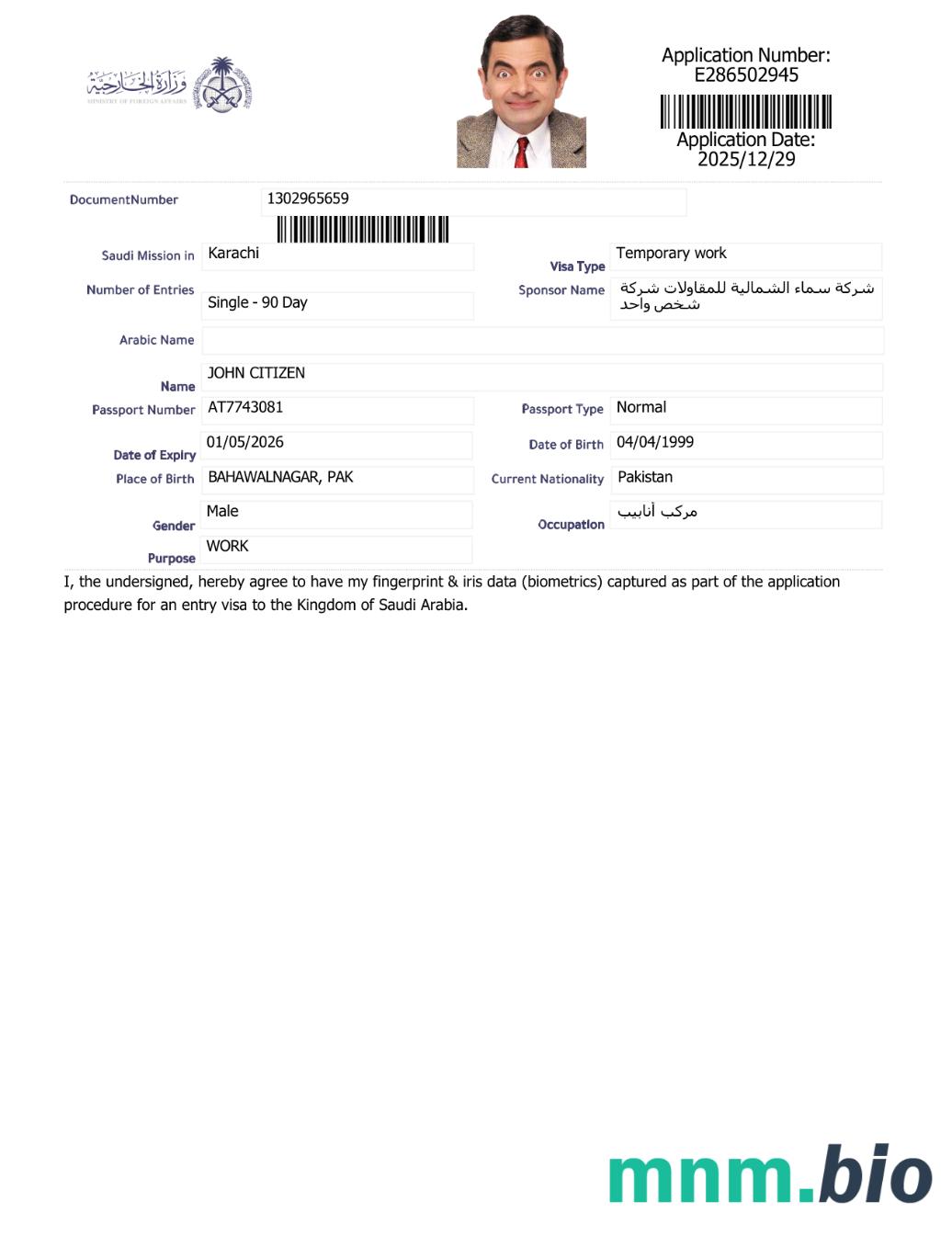 Szablon e-visa do Arabii Saudyjskiej w wersji 6